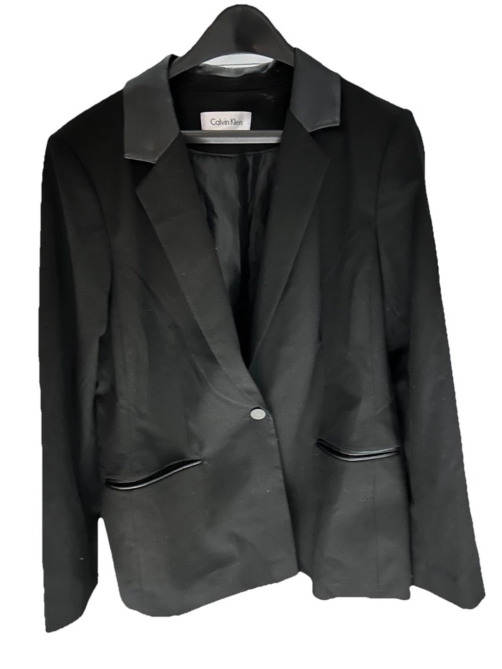 Calvin Klein Black Single-Button Blazer with Faux-Leather Trim